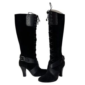 Cole Haan Vtg Y2K Black Suede Faux Leather‎ Strap Zip Tall Boot Heel Womens 6